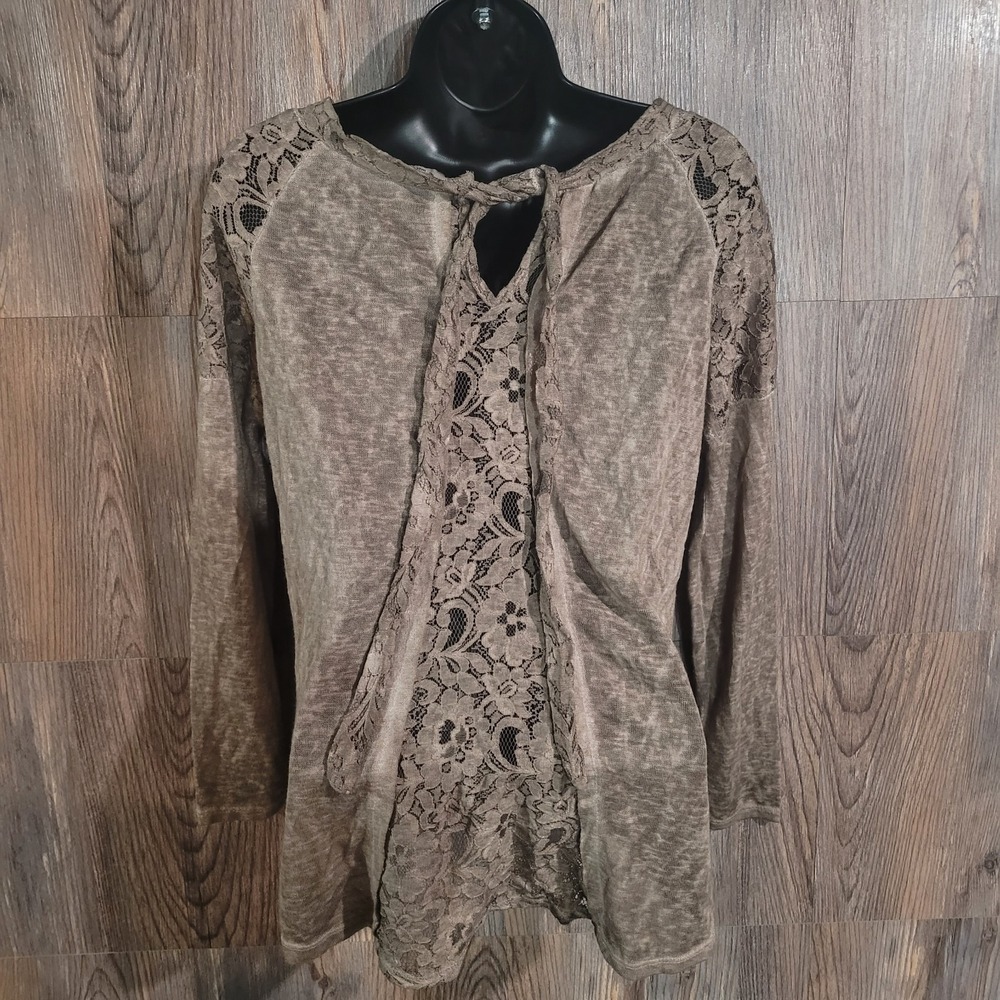 Elena Baldi Semi Sheer Lace Trim Top Size S Brown Back Tie Bow Beachy Boho - Picture 6 of 11